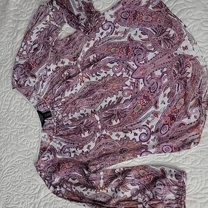 White House Black Market Purple and White Paisley Blouse With Slits On Sleeves